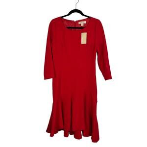 Michael Kors Red Midi Dress Quarter Sleeve Crew Neck Pleated Skirt Size 8 NWT